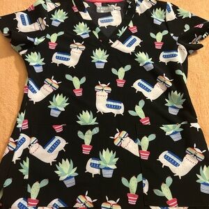 Med Couture Black Scrub Top with Mint, Blue, Pink and Cream Llama Print